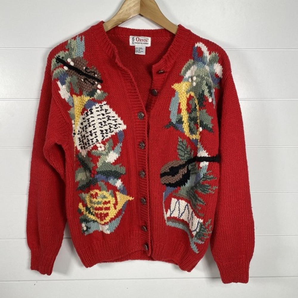 Orvis Sweater Womens Medium Red‎ Knit Cardigan Floral Bird Embroidered Button Up